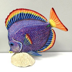 VTG Large Rainbow 3D Hand Carved Hand Painted Wood Fish Sculpture On Coral READ